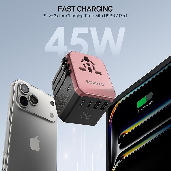 EPICKA Universal Travel Adapter GaN 45W, European Travel Plug Adapter with PD&QC Fast Charging(2 USB-A & 3 USB-C) - Worldwide Travel Essentials, International Power Adapter for UK/US/AU (Rose Gold)