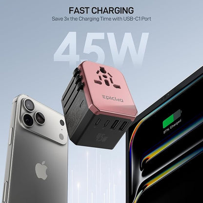 EPICKA Universal Travel Adapter GaN 45W, European Travel Plug Adapter with PD&QC Fast Charging(2 USB-A & 3 USB-C) - Worldwide Travel Essentials, International Power Adapter for UK/US/AU (Rose Gold)