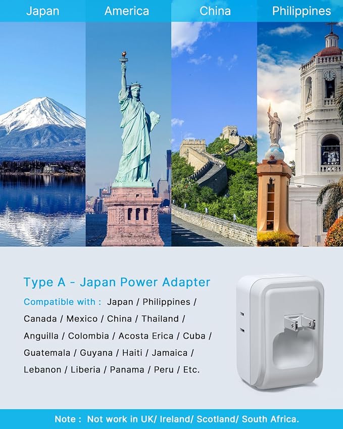 2 Pack US to Japan Plug Adapter, VINTAR Foldable Japan Power Adapter with 4 Outlets and 3 USB Ports(2 USB C), 2 Prong to 3 Prong Outlet Adapter for USA to Japan China Canada Philippine, Type A