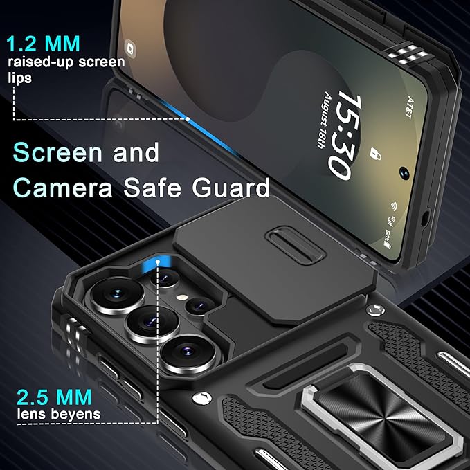 DEERLAMN Case for Samsung Galaxy S26 Ultra 6.9-Inch with Slide Camera Cover+Screen Protector(1 Pack), Rotated Ring Kickstand Military Grade Shockproof Protective Cover-Black