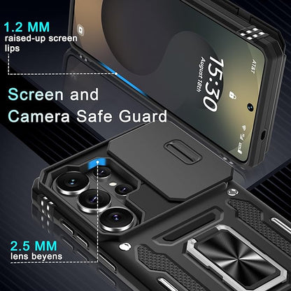 DEERLAMN Case for Samsung Galaxy S26 Ultra 6.9-Inch with Slide Camera Cover+Screen Protector(1 Pack), Rotated Ring Kickstand Military Grade Shockproof Protective Cover-Black