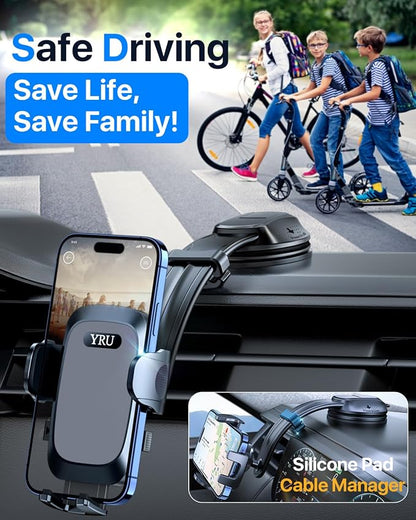 YRU 2026 Ultimate Car Phone Holder Mount Bendable & Adjustable Aluminum Arm Cell Phone Holder for Car Dashboard Windshield Phone Stand for iPhone 17 16 15 14 Pro Max Samsung Pickup Truck,Dark Silver