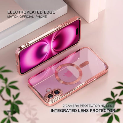 Misea Magnetic for iPhone 16 Case Compatible with MagSafe [Never Yellowing] [Military Grade Drop Protection] Full Camera Lens Protector Plating Soft Clear Phone Case for Women 6.1 inch, Pink