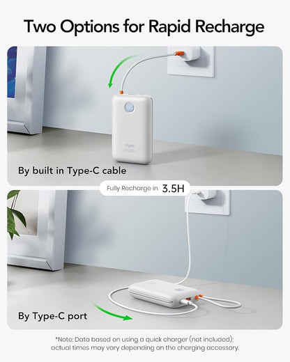 VIYISI Portable Charger 20000mAh 30W Fast Charging with Built-in 2 Cables | USB C & Lighting Cables, White Aesthetic Power Bank Compatible with iPhone 17 16 15 Pro Max, Samsung iPad, Travel