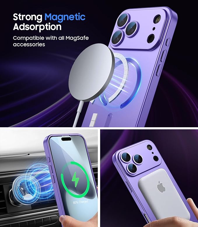 Magnetic for iPhone 17 Pro Max Case, Compatible with MagSafe, Built-in Camera Lens Protector, Slim Thin Soft Silicone Bumper Shockproof Metallic Luster Phone Case, Purple