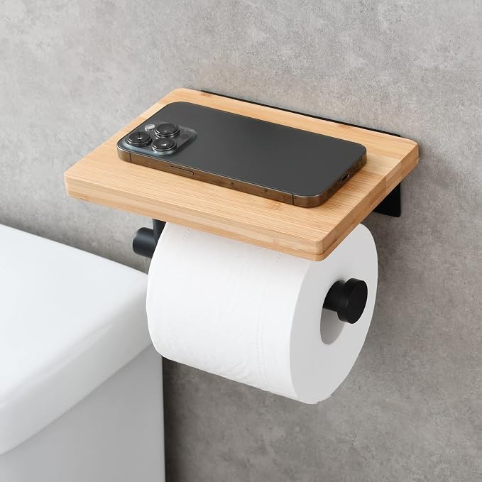 Tecmolog Stainless Steel Paper Towel Roll Holder Self Adhesive Black Toilet Paper Holder with Wood Shelf, SBH263B