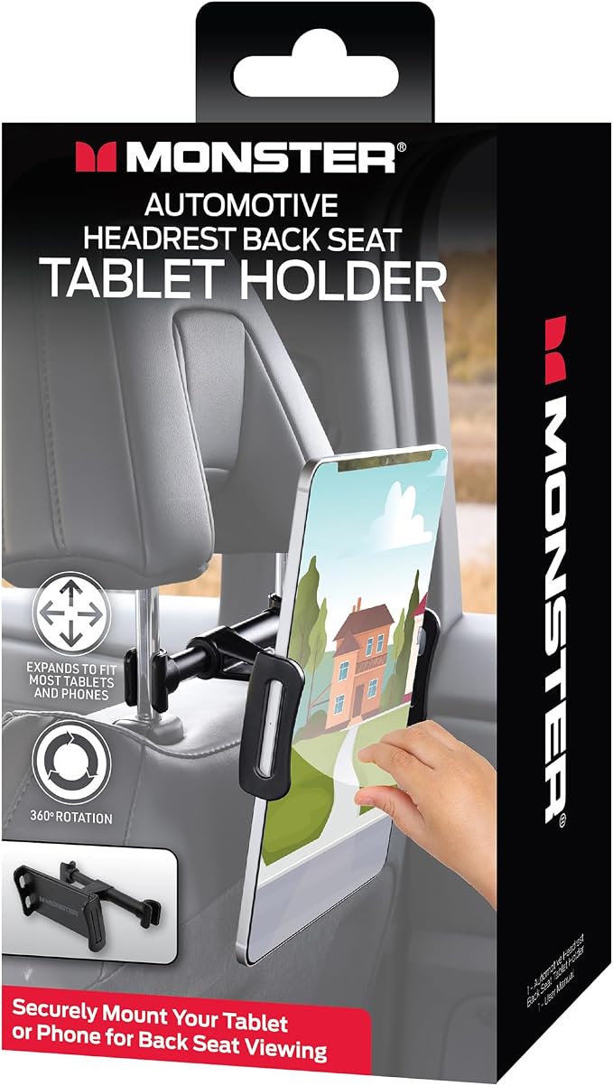 Monster Tablet Mount for Car Headrest, Adjustable Car Tablet Holder for Back Seat Kids, Fits All Tablets up to 7.87” Inches (4”-12” + Sized Tablets), for iPad Pro, Mini, Air, Fire, Galaxy, and More