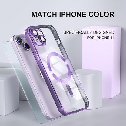 Misea Magnetic for iPhone 14 Case Compatible with MagSafe [Never Yellowing] [Military Grade Drop Protection] Full Camera Lens Protector Plating Soft Clear Phone Case for Women Girls, Purple
