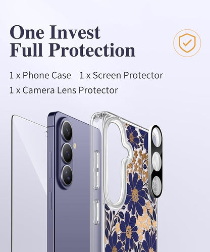 GVIEWIN for Samsung Galaxy S26 Case, Clear Floral Slim Shockproof Protective Women Phone Case, Non-Yellowing, with Screen Protector & Camera Lens Protector for Galaxy S26 6.3", Primula/Deep Purple