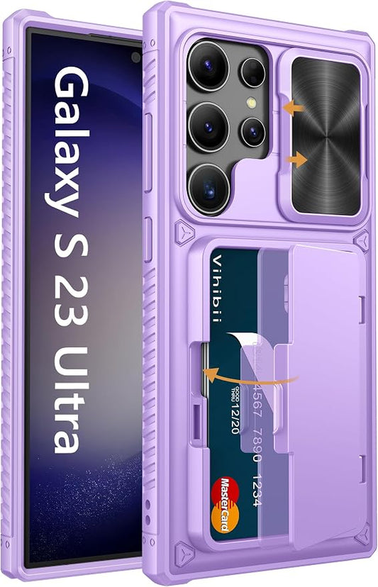 Vihibii for Samsung Galaxy S23 Ultra Case Wallet, Built-in Card Holder, Slide Camera Cover & Stand, Raised Edges Protect Screen & Military Grade Drop Protection Case for Galaxy S23 Ultra, Light Purple