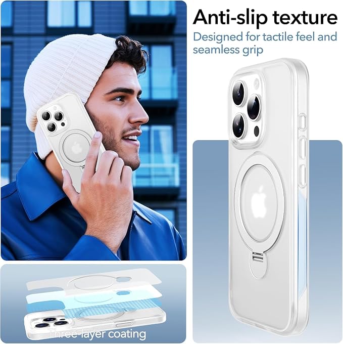 Anqrp 360° All-in-ONE Stand Case for iPhone 16 Pro with Rotatable Magnetic Kickstand Ring Holder, Compatible with MagSafe, MIL-Grade Shockproof iPhone 16 Pro Phone Case Cover 6.3" Mist Matte Clear