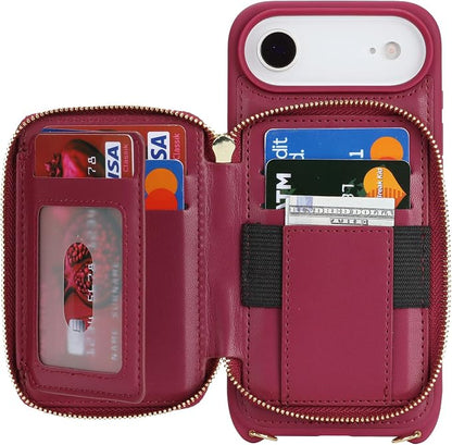 Crossbody Wallet Case for iPhone Air, PU Leather Zipper Handbag Purse Flip Cover, Kickstand Folio Case with Card Slots Holder Wrist Strap Lanyard 5G 6.5 Inch-Dark red