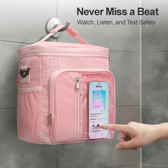 F-color Crossbody Shower Caddy with Phone Holder - Hands-Free Portable Toiletry Bag Fits Full-Size Bottles, Quick Dry Mesh Hanging Tote for College Dorm Essentials, Camping, Gym, Travel, Large, Pink