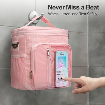F-color Crossbody Shower Caddy with Phone Holder - Hands-Free Portable Toiletry Bag Fits Full-Size Bottles, Quick Dry Mesh Hanging Tote for College Dorm Essentials, Camping, Gym, Travel, Large, Pink