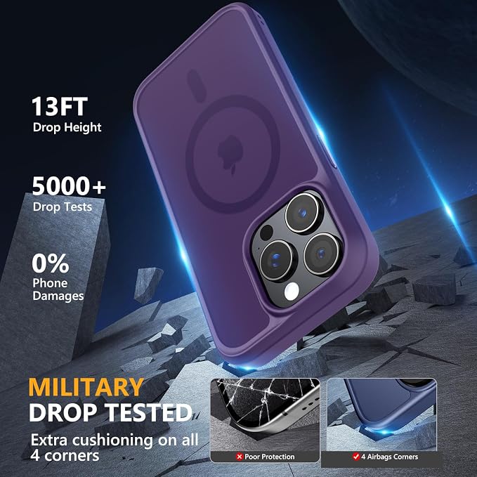 MOCCA Strong Magnetic for iPhone 14 Pro Case, [Compatible with Magsafe][13FT Military Drop Protection] Slim Translucent Matte Shockproof Case for iPhone 14 Pro Phone Case 6.1'', Deep Purple