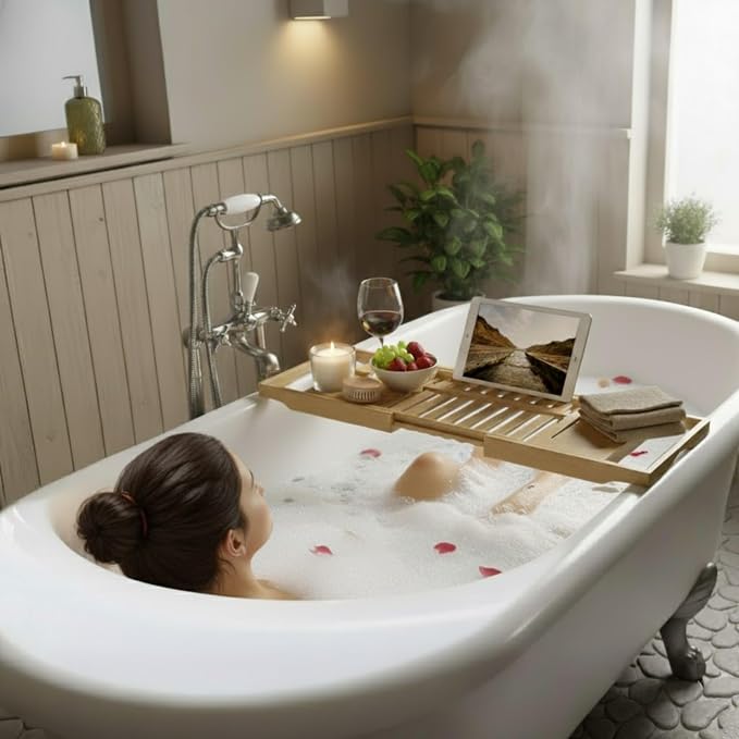 Bamboo Bathtub Tray - Wood Bath Caddy with Book, Phone, or Tablet Rest, Cup Holder, and Extended Sides for Bath Accessories by Home-Complete (Natural)