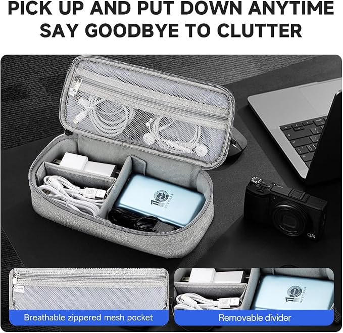 Teskyer Tech Organizer Pouch with Handle, Grey | Water-Resistant Fabric, Adjustable Dividers, Multiple Compartments, Protective Lining, Travel and Office Use