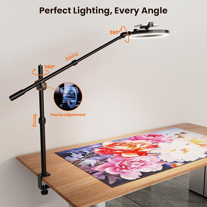 Overhead Phone Camera Mount for Desk Tripod - 10" Ring Light with Stand - Solid Ring Light with Clamp for Artist Drawing, Video Recording,CRI >95 RingLight for Tabletop