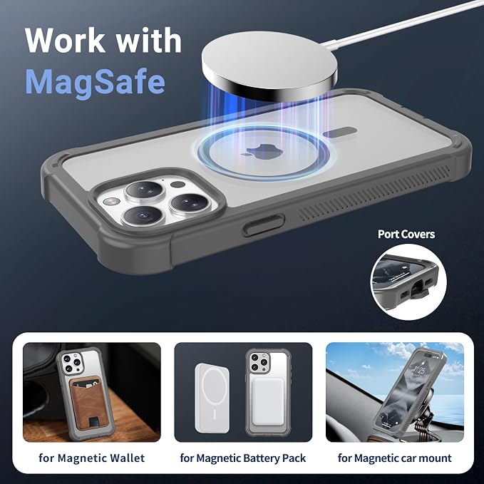 jaroco Magnetic for iPhone 15 Pro Case, [Compatible with MagSafe][Military Grade Drop Protection][Heavy Duty Protection][Non-Slip][Shockproof] 2-Layer Durable Bumper Phone Case 6.1''-Gray