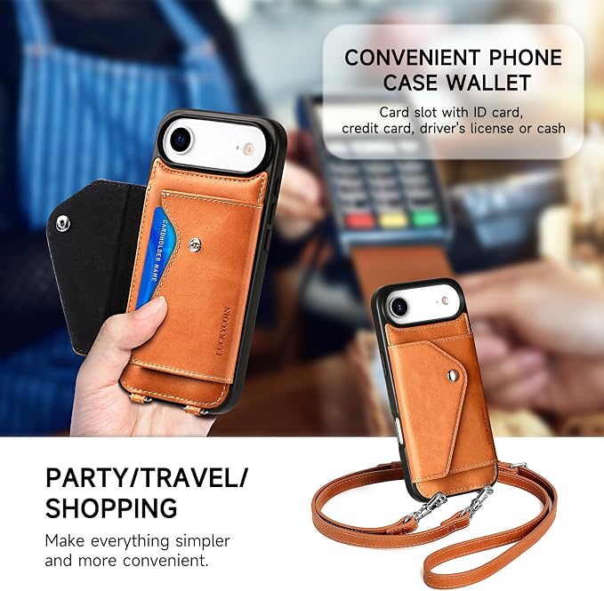 LUCKYCOIN for iPhone Air Crossbody Wallet Case – Genuine Leather Phone Purse with Adjustable Strap and Card Holder,Lanyard Phone Purse Case for Women,Vintage Brown