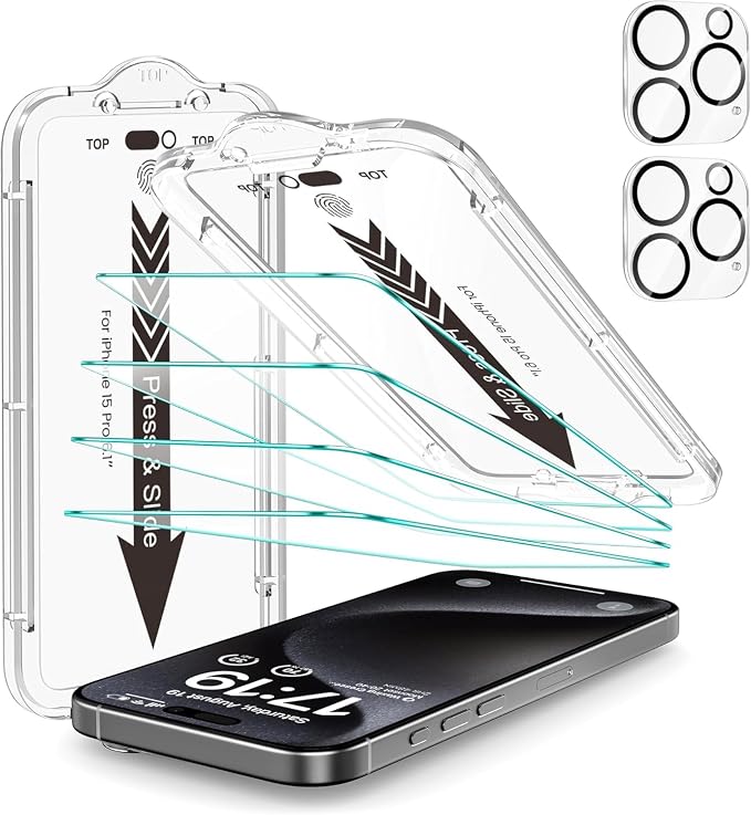 EZ-GLAZ- 4 Pack for iPhone 15 Pro Screen Protector [6.1"] With 2 Pack Camera Lens Protector, 9H+ Hardness 12FT Military Grade Shatterproof Scratch Resistant Durable Tempered Glass Film with Flawless Fit Kit, HD Clear