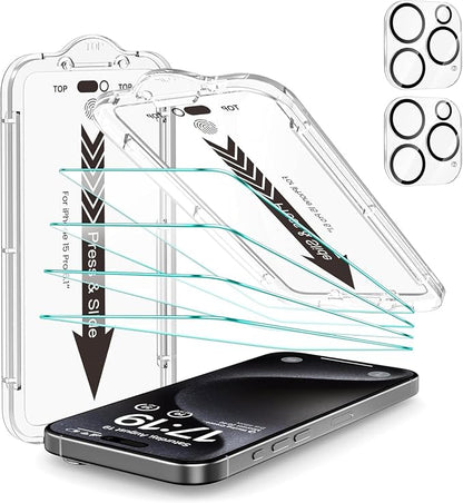 EZ-GLAZ- 4 Pack for iPhone 15 Pro Screen Protector [6.1"] With 2 Pack Camera Lens Protector, 9H+ Hardness 12FT Military Grade Shatterproof Scratch Resistant Durable Tempered Glass Film with Flawless Fit Kit, HD Clear