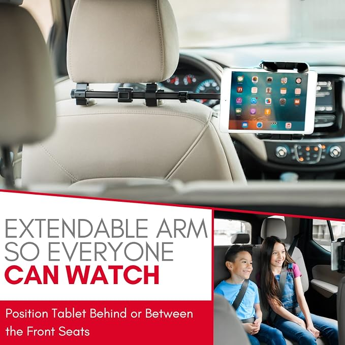 Macally Tablet Holder for Car Headrest - Adjustable iPad Headrest Mount for Car - Super Secure Car iPad Holder Backseat Kids - Fits All 4.7-12.9" Back Seat Devices (iPad Pro/Air/Mini, Nintendo Switch)