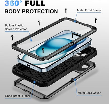 Beasyjoy for iPhone 15 Case Waterproof, Metal Heavy Duty Full Body Protective Case with Built-in Screen Protector, Military Grade Shockproof Dustproof Defender Rugged Cover for iPhone 15 6.1" Black