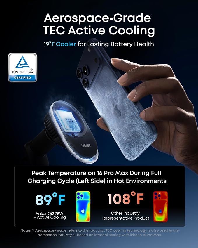 Anker Prime MagSafe Car Mount Charger, Qi2 25W Certified Wireless Car Charger with TEC Cooling, Strong Magnets, Air Vent Mount for iPhone 17-12 Series (Check Vent Compatibility, Includes 60W Adapter)