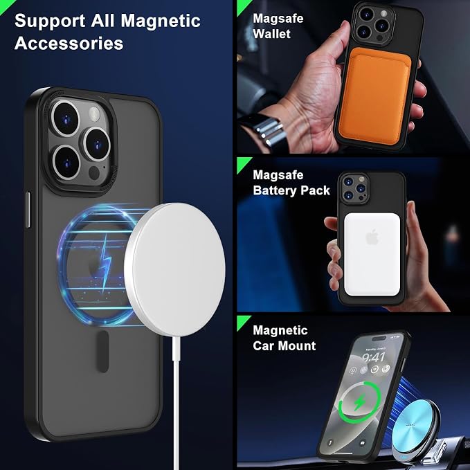 MOCCA Strong Magnetic for iPhone 15 Pro Max Case, [Compatible with Magsafe][13FT Military Drop Protection] Slim Translucent Matte Shockproof Case for iPhone 15 ProMax Case 6.7'', Black
