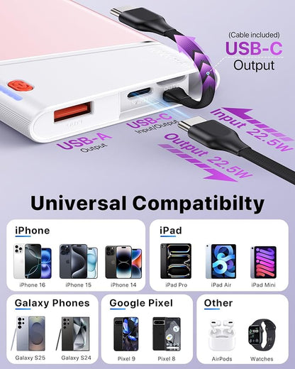 Aaoyun Portable Charger Power Bank, 10000mAh 22.5W PD Fast Charging Powerbank with Built-in USB C Cable, Slim External Phone Battery Pack for iPhone 17/16/15 Samsung S24 Android etc (Pink)