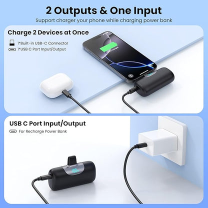 Mini Portable Charger for iPhone 17/16, 5500mAh LCD Display USB C Power Bank,Fast Phone Charging Travel Pocket Size Battery Pack for iPhone 17/17 Pro/17 Pro Max/Air/16/15 Series,Android,etc-Dark Black
