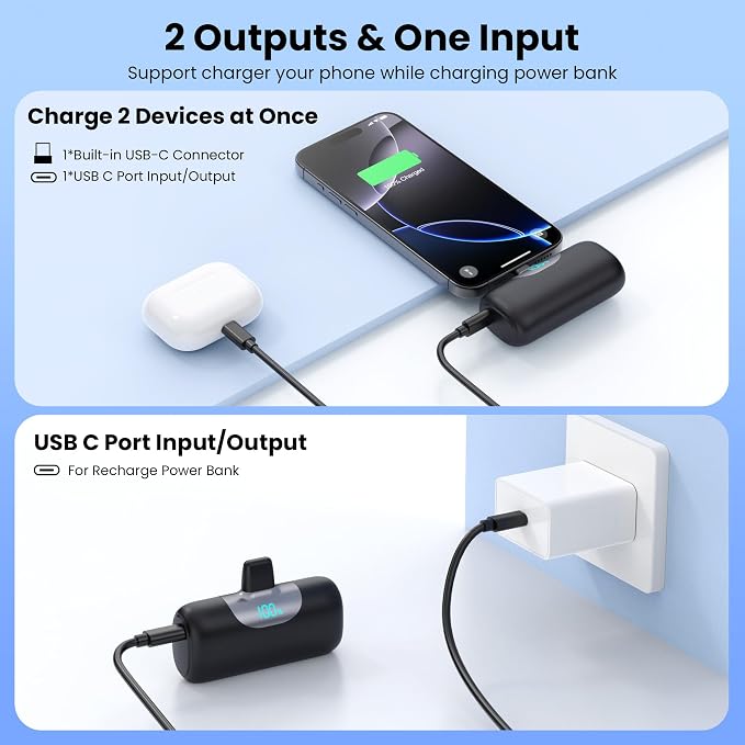 [2-Pack]Mini Portable Charger for iPhone 17, 5500mAh LCD Display USB C Power Bank,Fast Phone Charging Travel Pocket Size Battery Pack for iPhone 17/17 Pro/17 Pro Max/16/15 Series,Android(Black+Pink)