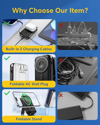 DR.HILL Magnetic Battery Pack Real Capacity 10000mAh, 22.5W Fast Charging Portable Charger with Built-in Cables & AC Wall Plug, Foldable Stand Power Bank for Apple Watch Phone 17/16/15/14/13 (Black)