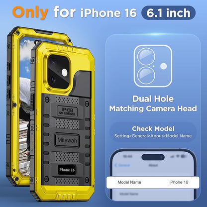 Mitywah Waterproof Case for iPhone 16, Shockproof Heavy Duty Case with Built-in Screen Protector, Underwater Full Body Protective Metal Case 6.1 inch, Yellow