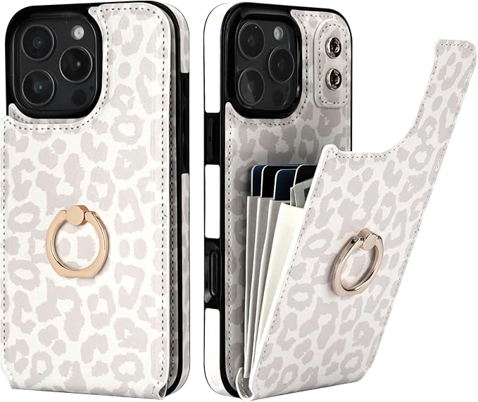 HAOPINSH for iPhone 16 Pro Max Wallet Case with Card Holder, 360°Rotation Ring Kickstand, White Leopard Pattern, RFID Blocking Leather for Girls Women, Double Buttons Protective Cover 6.9"
