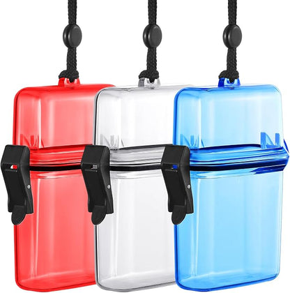 Outus 3 Pcs Waterproof ID Badge Holder Case with Waterproof Buckle Floating Sports Case Locker with Adjustable Hanging Rope Plastic Card Dry Box(Clear, Blue, Red,4.72 x 2.95 x 1.57 in,Classic)