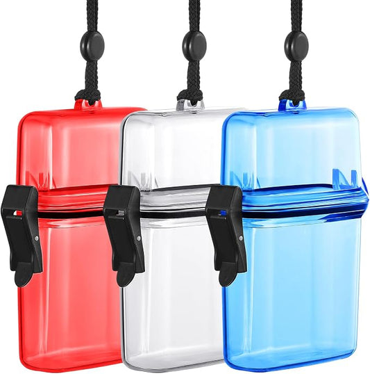 Outus 3 Pcs Waterproof ID Badge Holder Case with Waterproof Buckle Floating Sports Case Locker with Adjustable Hanging Rope Plastic Card Dry Box(Clear, Blue, Red,4.72 x 2.95 x 1.57 in,Classic)
