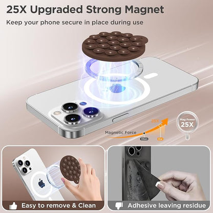 Magnetic Suction Cup Phone Mount with MagSafe, Silicone Hands-Free Grip Holder for iPhone Case and Android, Mirror Shower Phone Stand for Makeup FaceTime Gym Kitchen Bathroom, Chocolate