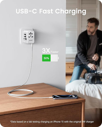 LENCENT Universal Travel Power Adapter, International AC Plug Adaptor | with 3 USB C 2 USB A Ports Wall Charger Worldwide Travel Essentials for US to EU UK Ireland Australia (Type C/G/A/I) White