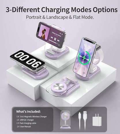 3 in 1 Magnetic Wireless Charging Station for Apple Devices, Fast Foldable Travel Mag-Safe Charger Stand with Night Light for iPhone 17 16 15 14 13 12 Series, Apple Watch/AirPods Pro, PU