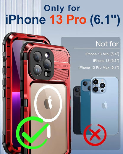 WIFORT for iPhone 13 Pro Waterproof Case - Metal 360 Full Body [IP68 Water Proof][Built-in Screen Protector][14FT Military Shockproof][Compatible with MagSafe] Dustproof Protective Cover, 6.1" Red