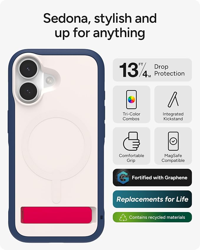 ZAGG Sedona Snap Case with Kickstand for iPhone 17 - Red Light & Blue, Drop Protection (13ft/4m), Multi-Layer Protection, with Camera Button, MagSafe Phone Case with Impact-Absorbing Bumpers