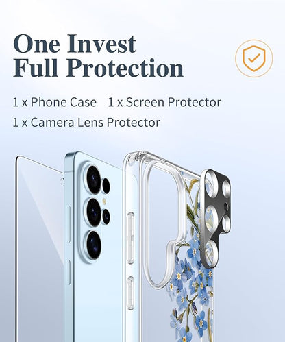 GVIEWIN for Samsung Galaxy S26 Ultra Case, Clear Floral Slim Shockproof Protective Women Phone Case, Non-Yellowing, with Screen Protector & Camera Lens Protector for S26 Ultra 6.9", Aconite/Blue