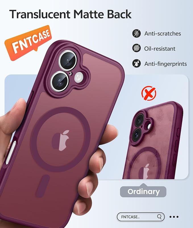 FNTCASE for iPhone 17 Case, Compatible with Magsafe, Glass Screen Protector | Full Camera Protection, Translucent Matte, 14FT Military Grade Drop Proof, Shockproof Protective Phone Cover, Wine Red