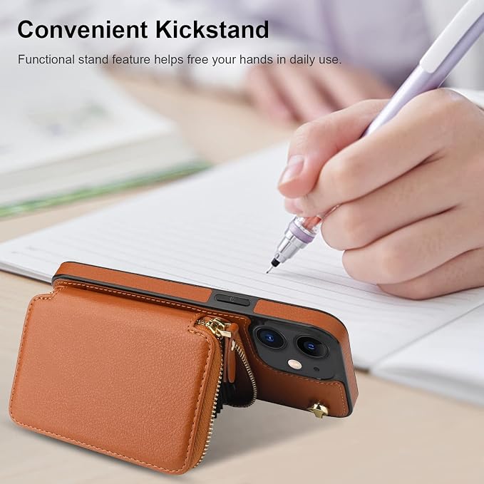 Bocasal Crossbody Wallet Case for iPhone 12/12 Pro, RFID Blocking Leather Purse Case with Card Holder, Protective Handbag Flip Cover with Zipper Wrist Strap Lanyard for Women 5G 6.1 Inch (Brown)