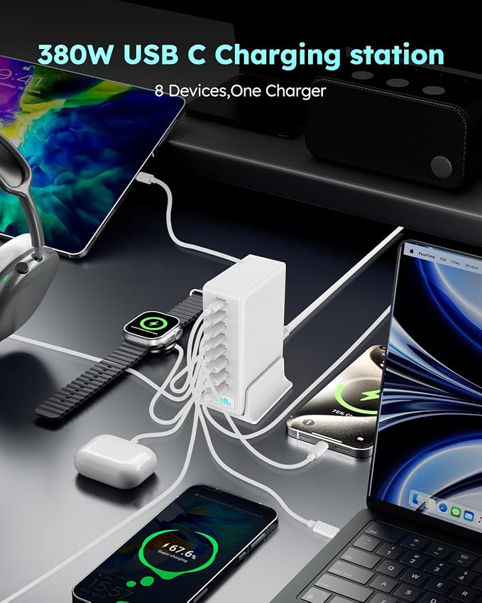 380W USB-C Charger Block, 8-Port USB-C Charging Station PD 30W + 100W PC Laptop, Fast Charging Hub with High-Power Fast Charging Cable for MacBook Pro/Air, DELL, iPad, iPhone, Samsung Galaxy, White