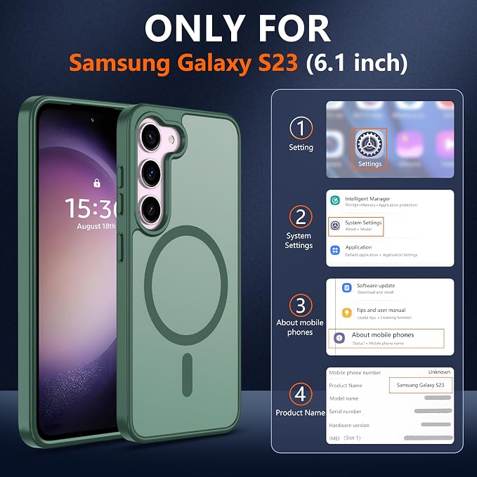 Pilaru for Samsung Galaxy S23 Case [Compatible with Magsafe] Translucent Matte Magnetic Phone Case,Slim Thin Duty Shockproof Protection Cover with 2pc Screen Protector Case for S 23-Dark Green