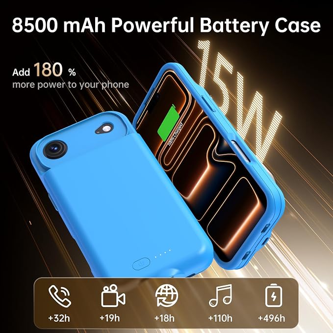 GIN FOXI Battery Case for iPhone 17 Pro, Charging Case Charger 8500mAh Ultra-Slim Lightweight Powerful Battery Pack 15W Fast Rechargeable Anti-Fall TPU Juice Box for iPhone 17 Pro (6.3") Blue