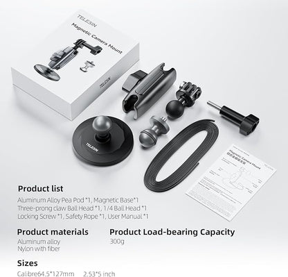 TELESIN Magnetic Mount Magnet Metal Mounts for Action Camera, 360 Quick Car Holder Attachment for GoPro Max hero 13 12 11 10 9 Insta360 X5 X4 DJI Action 6 5 Pro 4 Osmo nano Pocket 3 Mounting Accessory